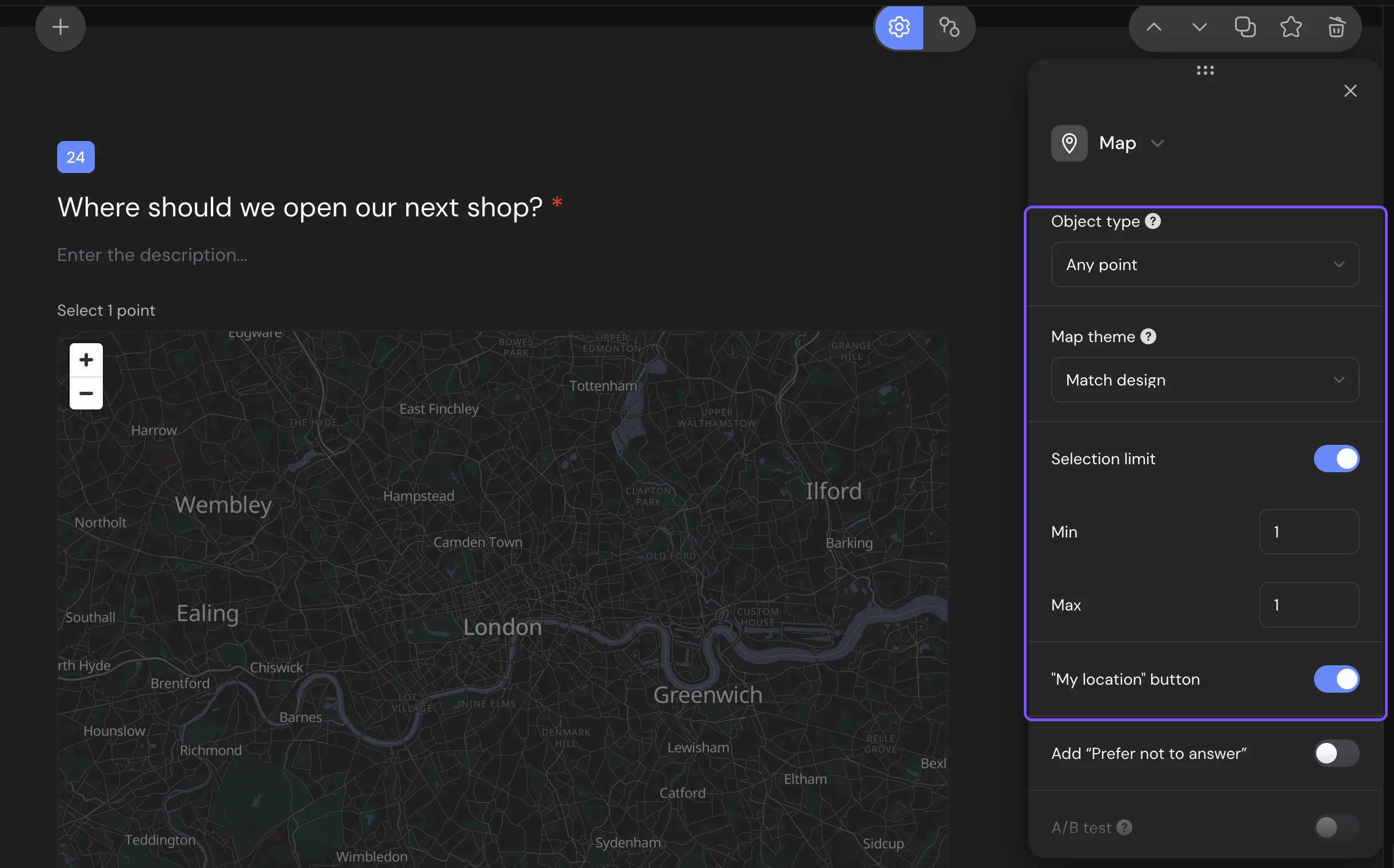 Map question in Builder with the settings panel: Object type, Map theme, Selection limit and the My location button