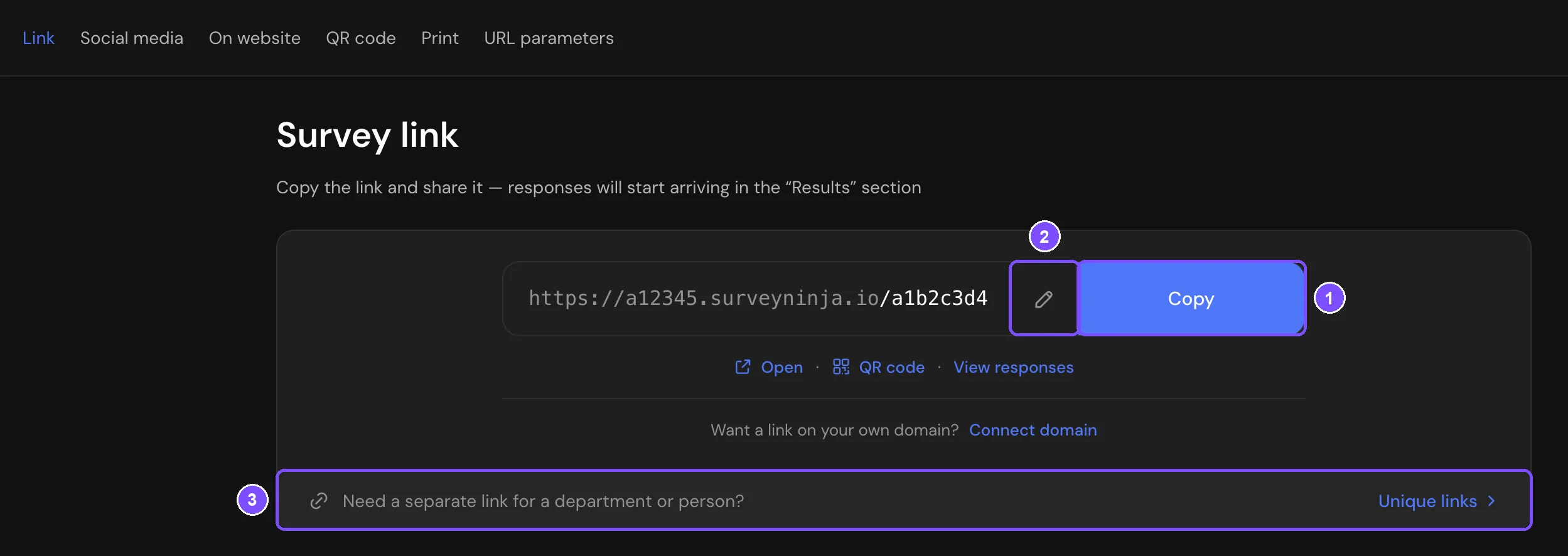 Link section with the survey link card