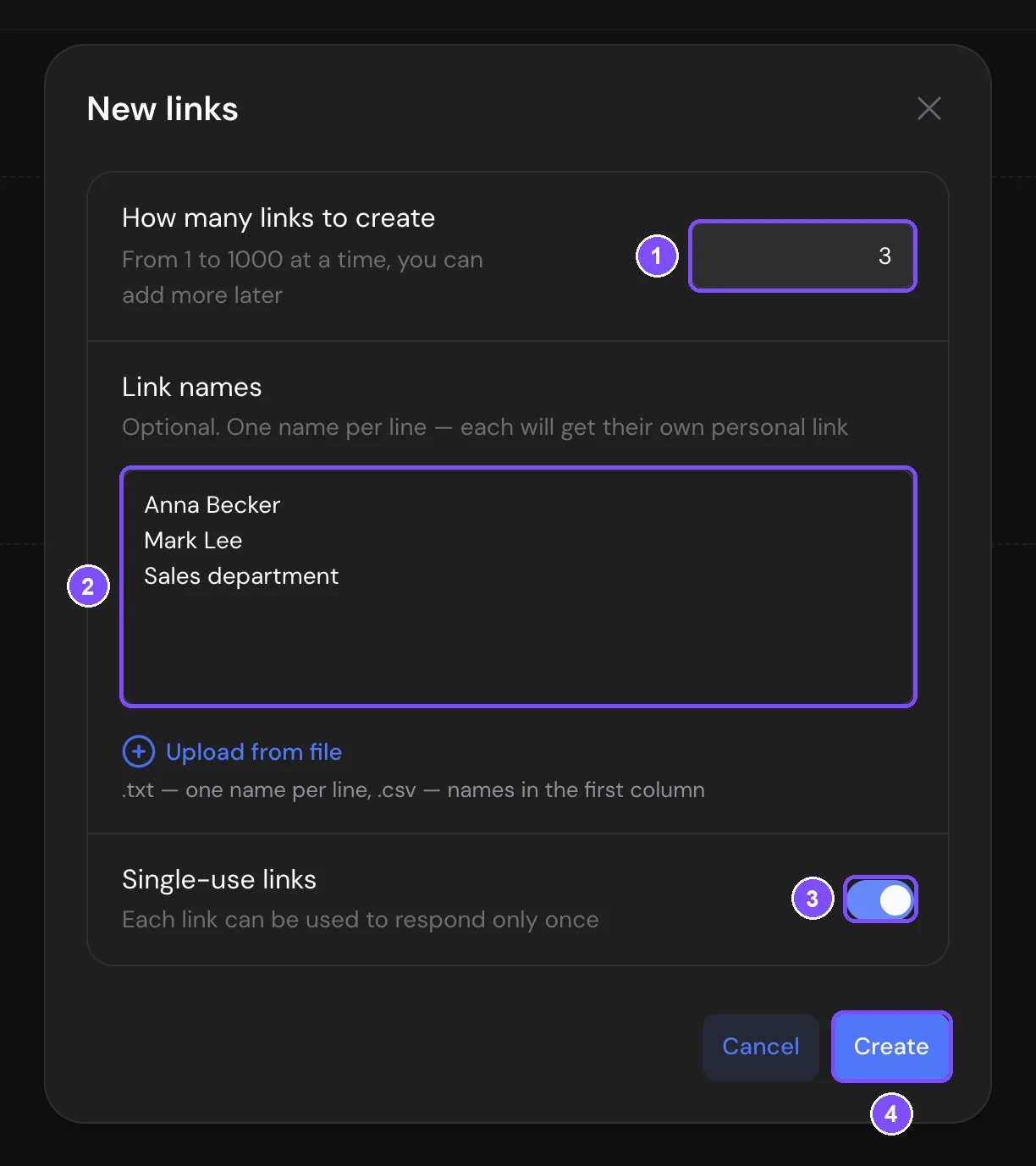 New links window with the number of links, link names, the Single-use links switch and the Create button