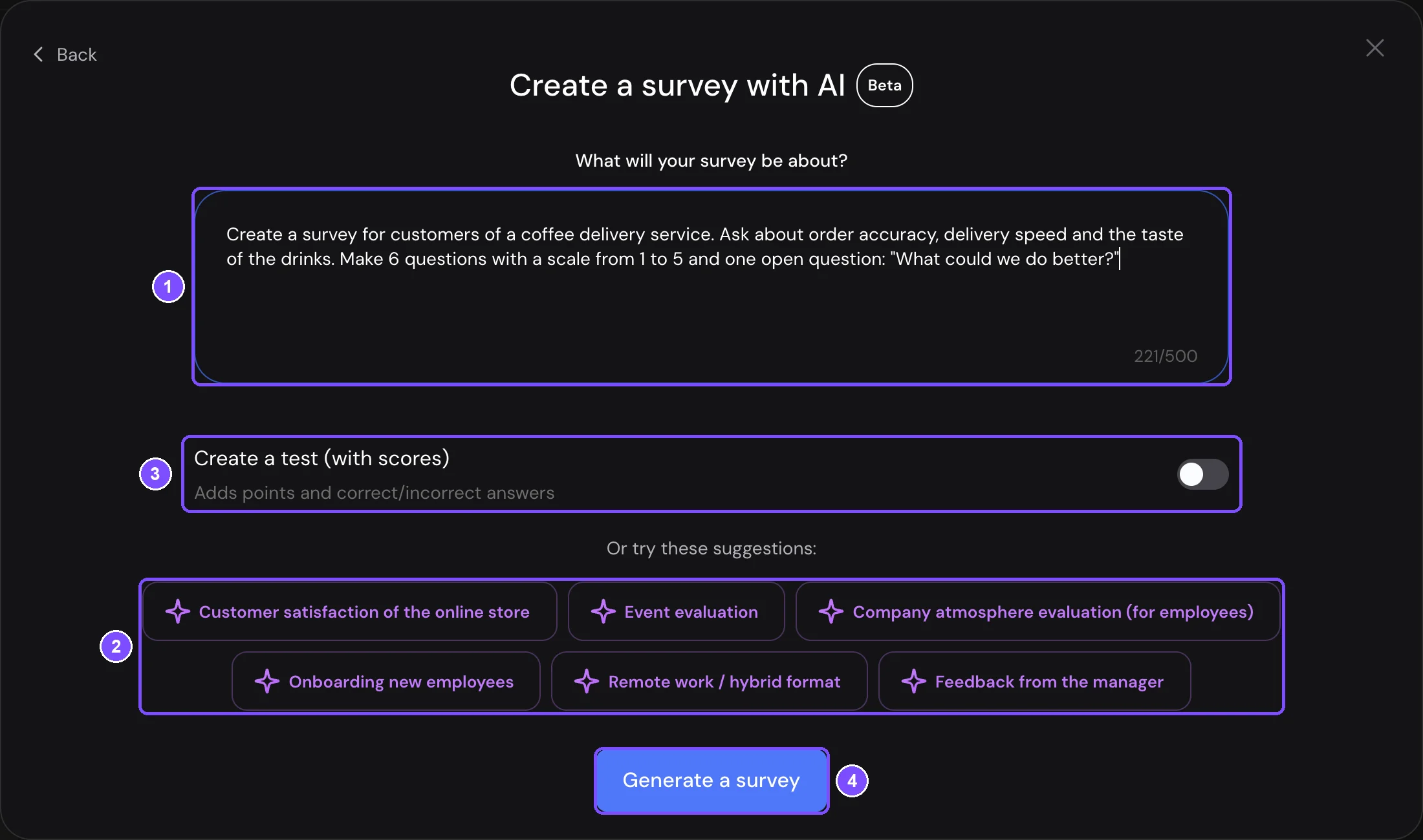 Create a survey with AI window with the description field, suggestions, the test switch and the Generate a survey button
