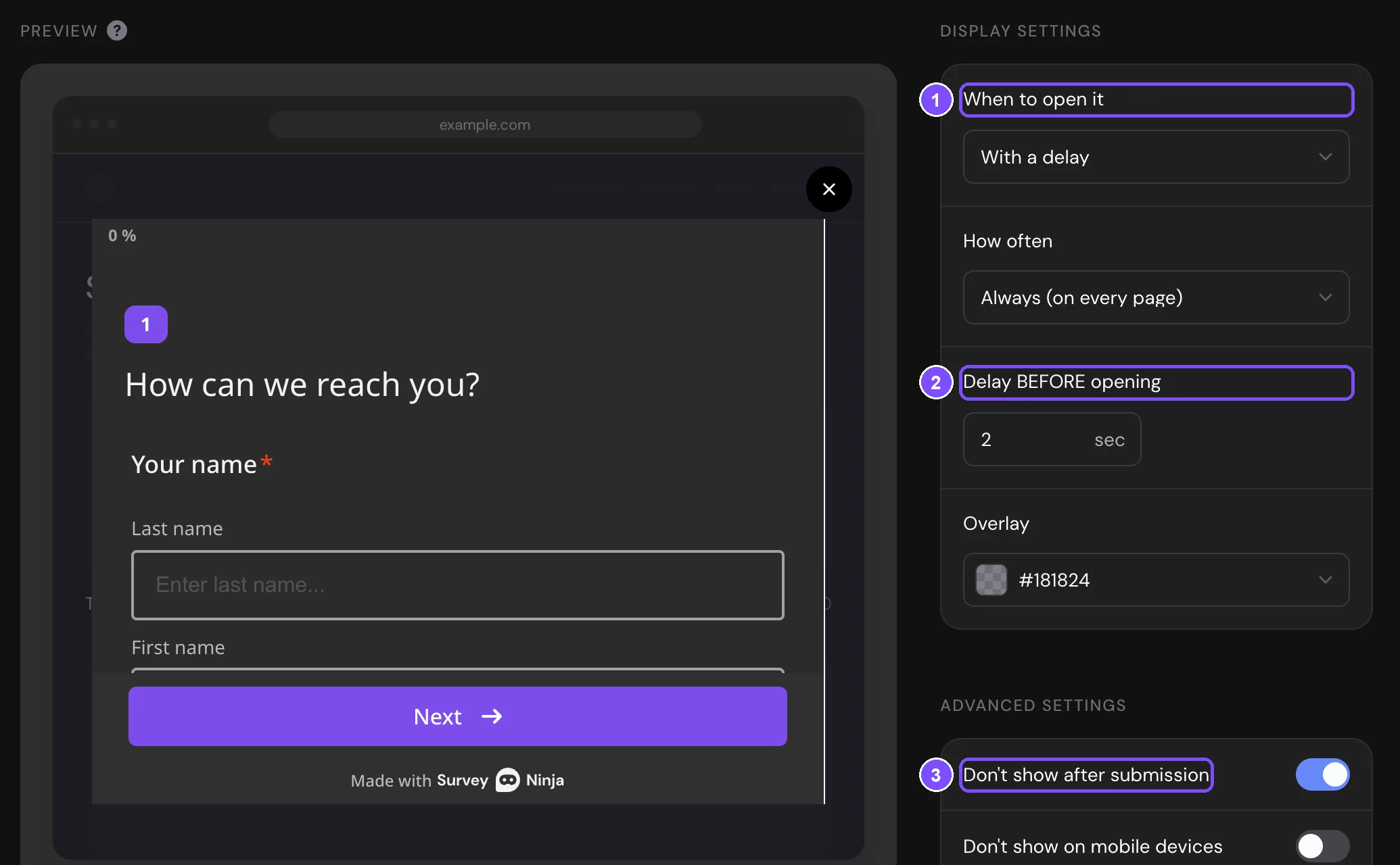 Pop-up window settings: With a delay, a 2-second delay and Don't show after submission, with the preview of the form over a sample page
