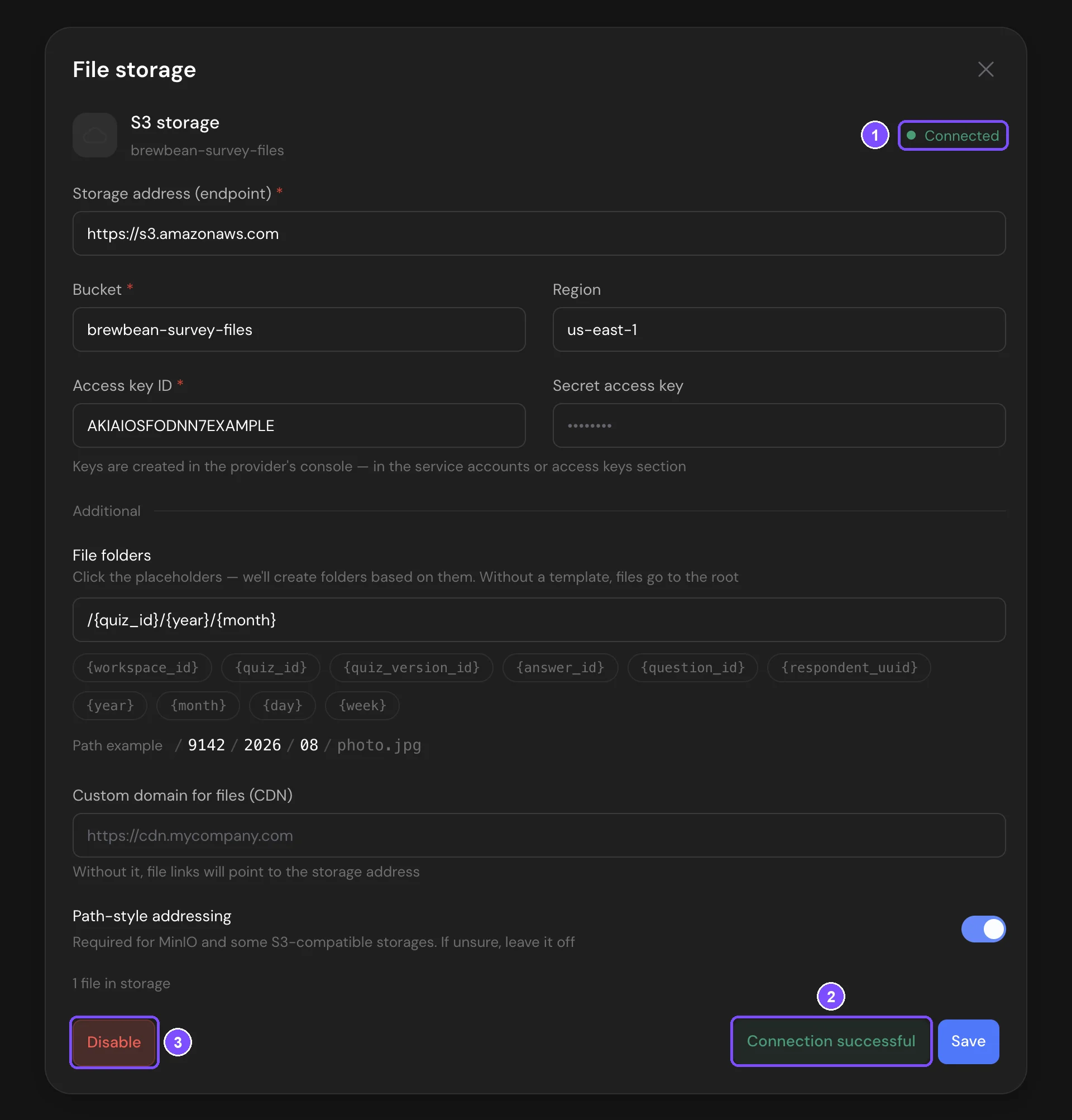 File storage window with the Connected status and the Disable, Test connection and Save buttons