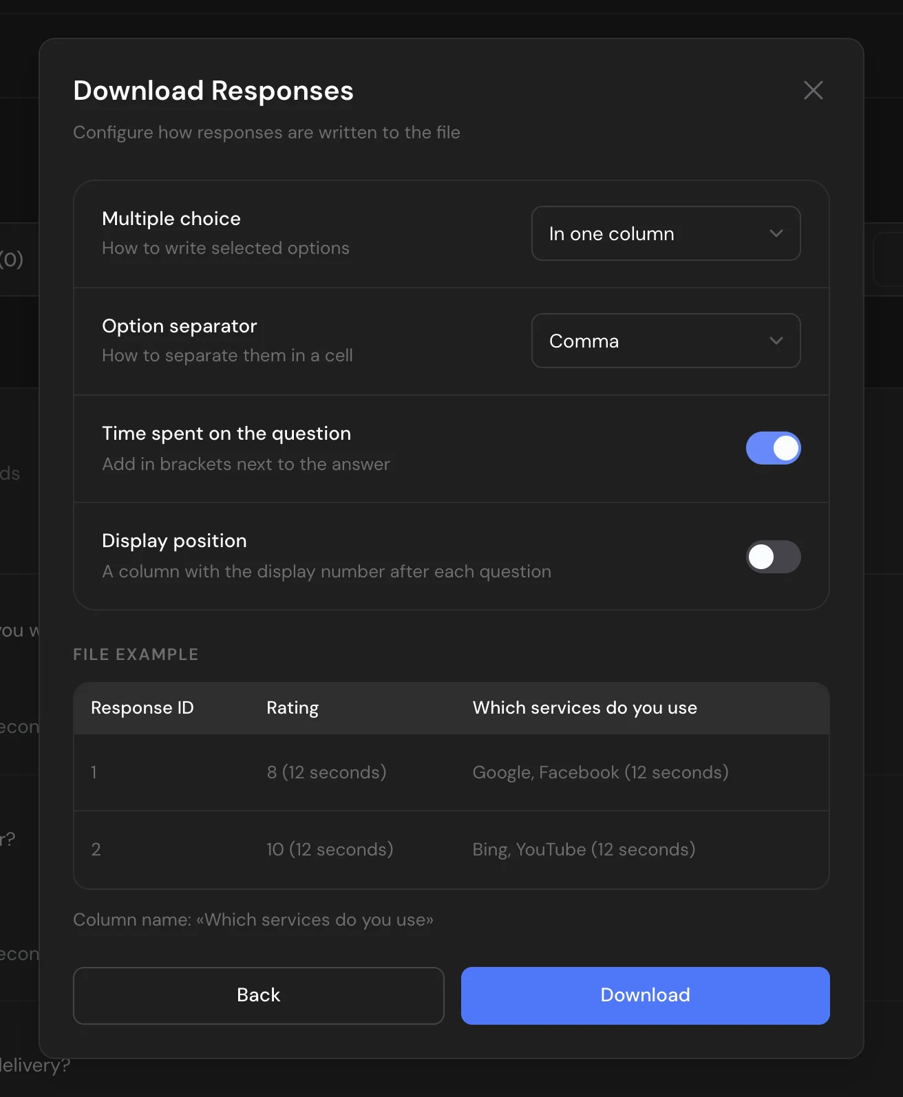 Download Responses window with the CSV and XLSX settings and the file example