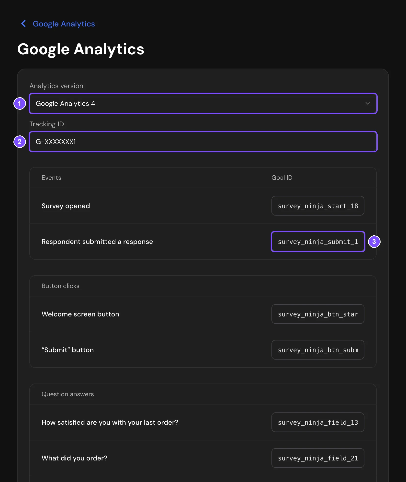 Configurações do Google Analytics com a versão, o ID de rastreamento e a lista de eventos