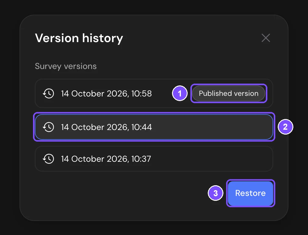 Version history window with the published version, a selected earlier version and the Restore button