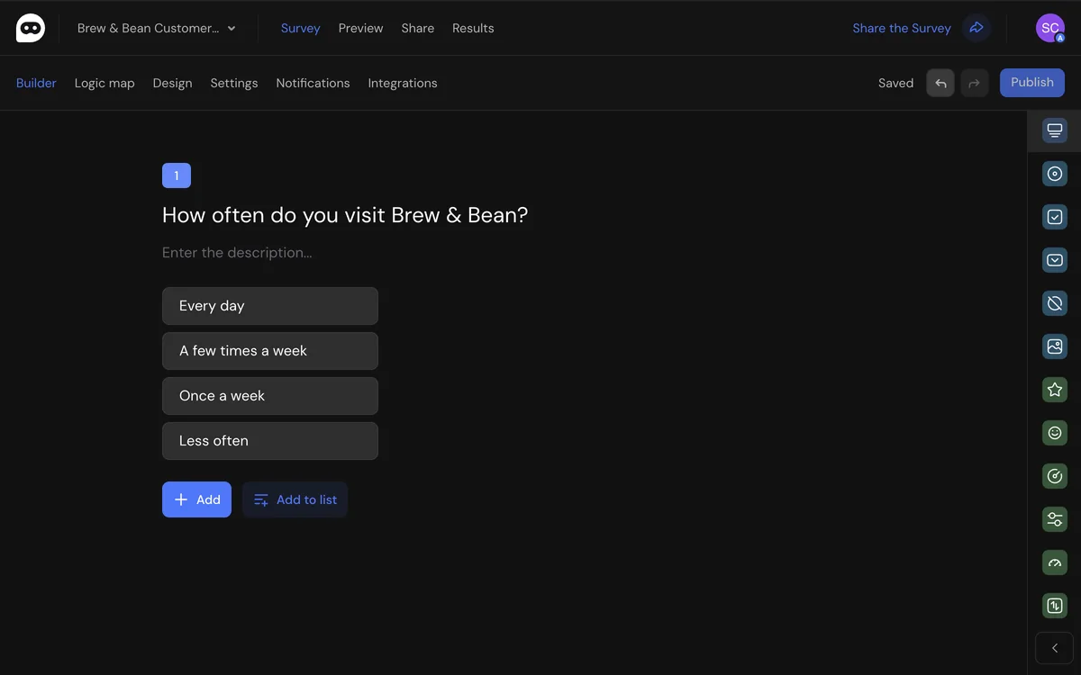The SurveyNinja survey builder in a browser