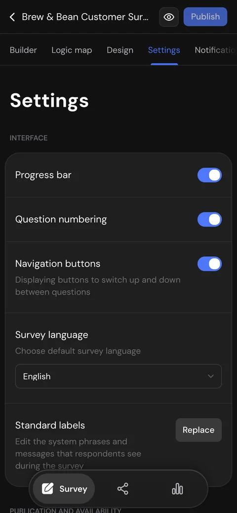 Survey settings in SurveyNinja on a phone