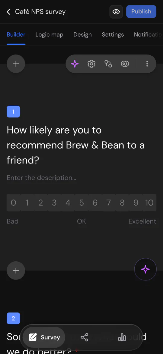 The survey builder on a phone, with an NPS question