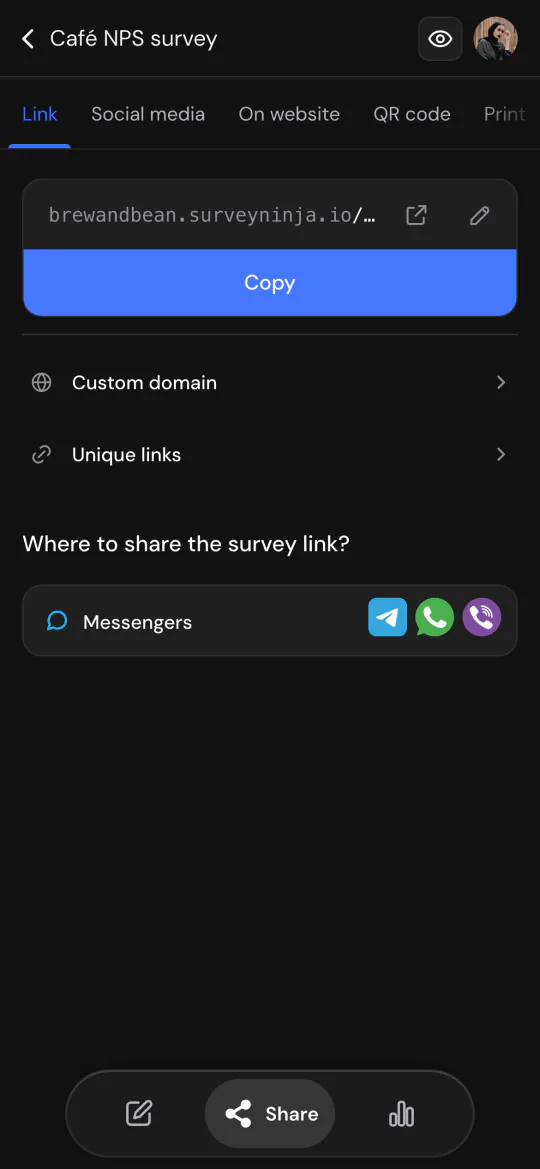 The survey link on a phone, ready to copy