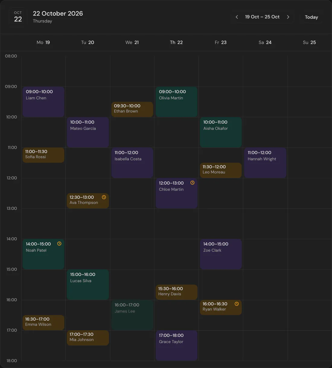 The booking log: a week of bookings across three schedules