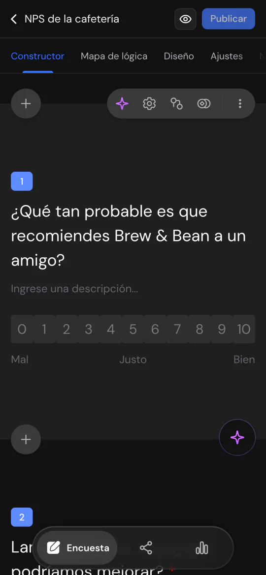 El editor de encuestas en un celular, con una pregunta NPS