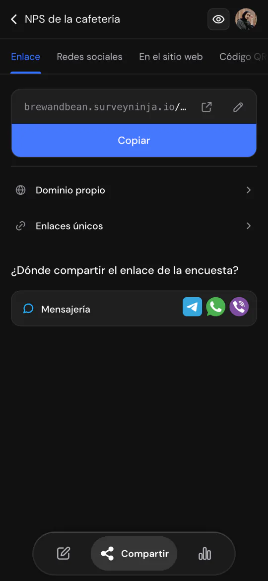 El enlace de la encuesta en un celular, listo para copiar