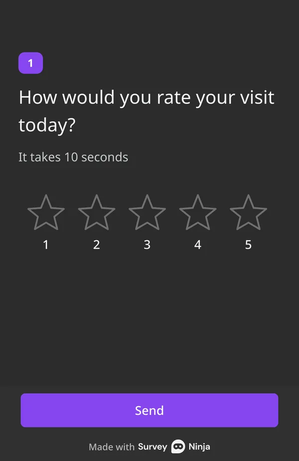 The survey on a phone with the question "How would you rate your visit today?"