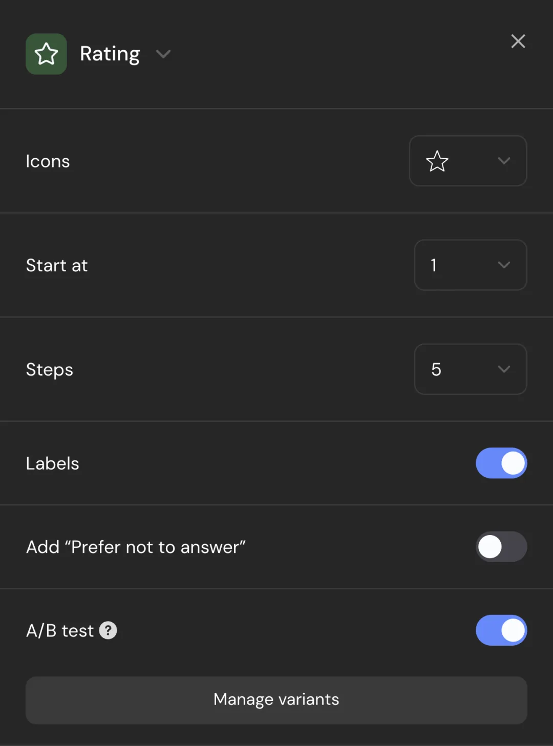 Question settings with the A/B test switch on and the Manage variants button, next to a question with the Formal and Friendly tabs