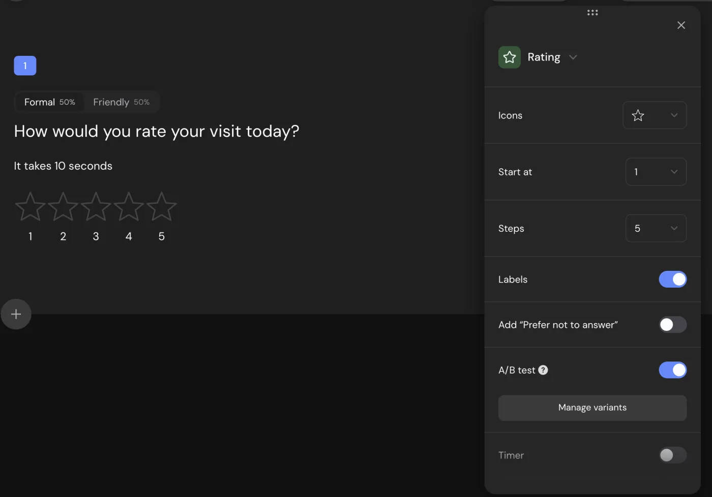 Question settings with the A/B test switch on and the Manage variants button, next to a question with the Formal and Friendly tabs