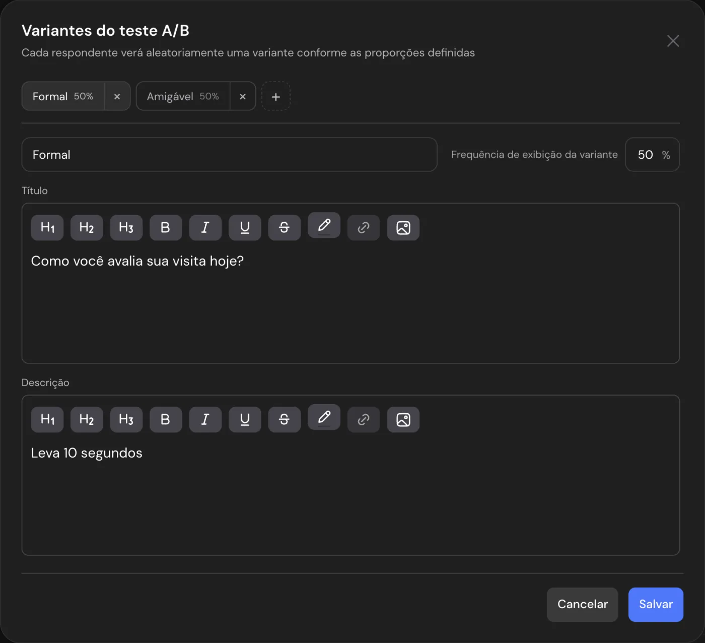 A janela Variantes do teste A/B: Formal e Amigável com 50%, o nome da variante, a porcentagem e o título