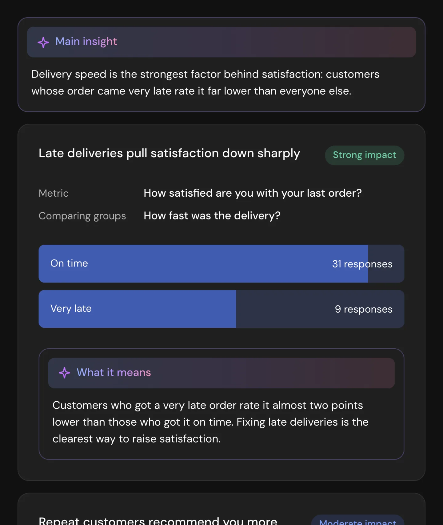 Comparative analysis: the main insight and how late deliveries pull satisfaction down