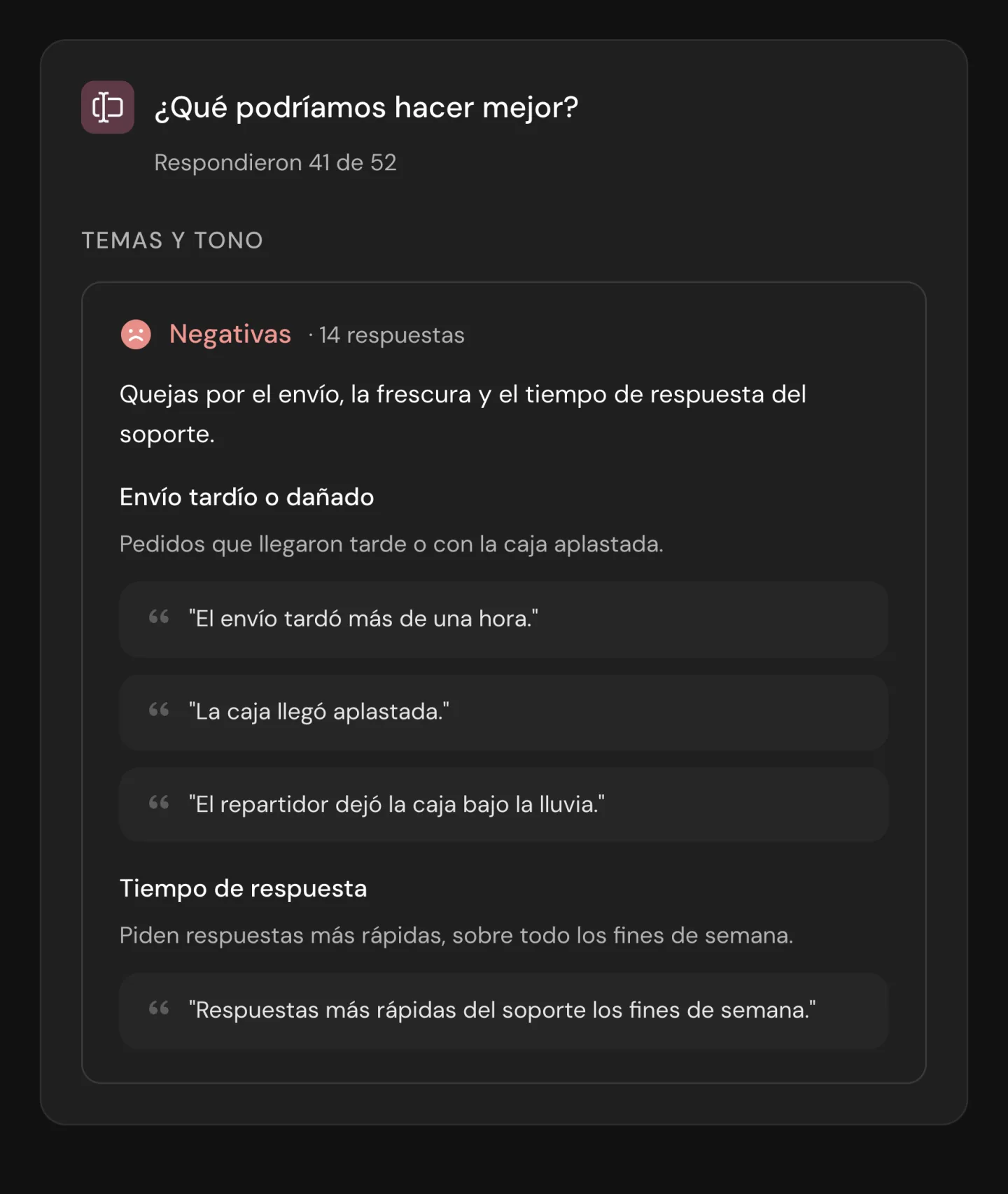 Análisis de texto: respuestas negativas agrupadas en temas, cada uno con citas de los encuestados