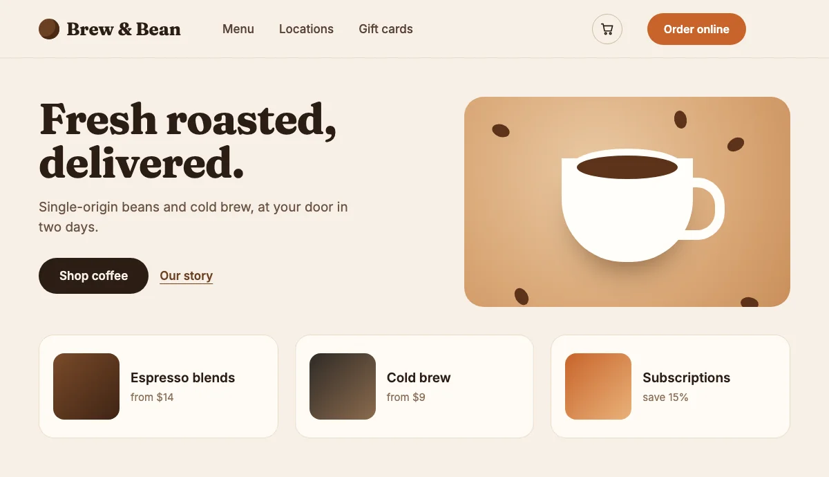 Mockup of a coffee shop home page with a menu, an Order online button and three product cards