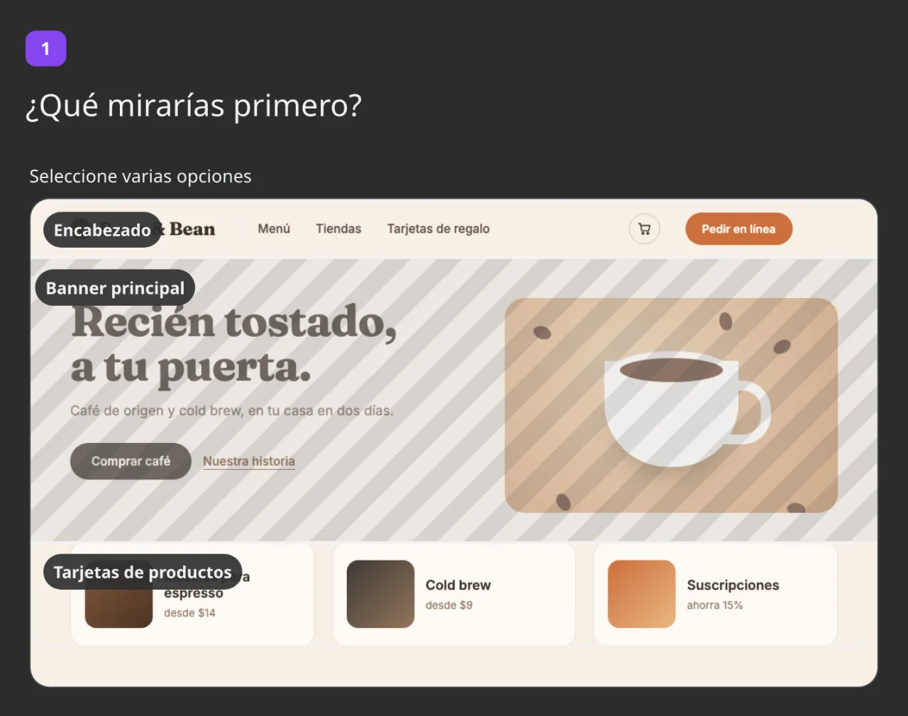 Selección de área en una encuesta: el encabezado, el banner principal y las tarjetas de productos marcados como regiones, con el banner principal elegido