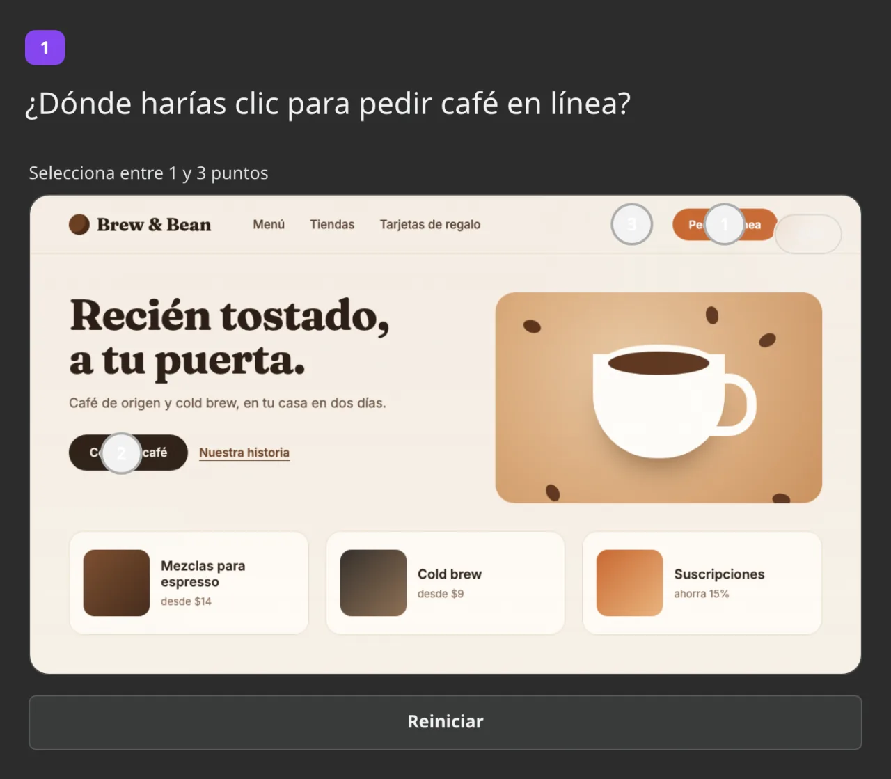 Test de clics en una encuesta: la página de una cafetería con tres puntos numerados y el botón Reiniciar