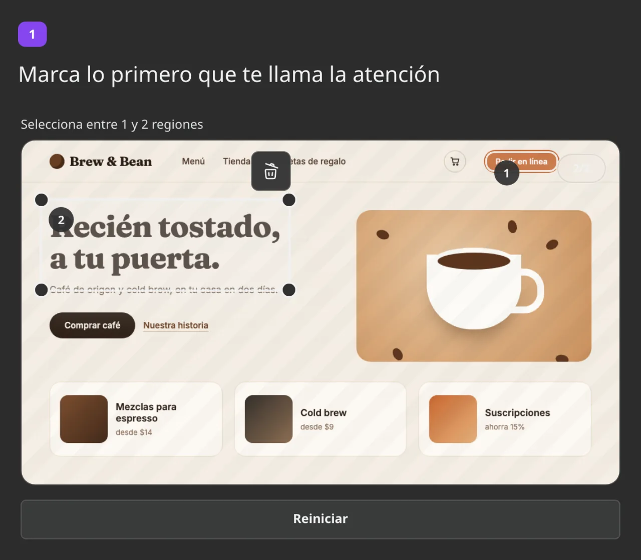 Resaltado de área en una encuesta: dos áreas marcadas en la página de una cafetería