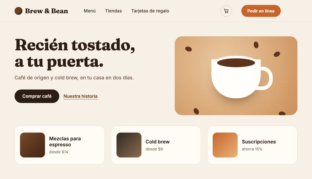 Diseño de la página de inicio de una cafetería con menú, un botón Pedir en línea y tres tarjetas de productos
