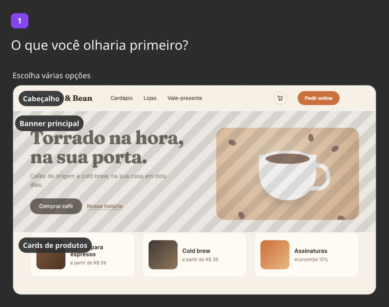 Seleção de área numa pesquisa: o cabeçalho, o banner principal e os cards de produtos marcados como regiões, com o banner principal escolhido