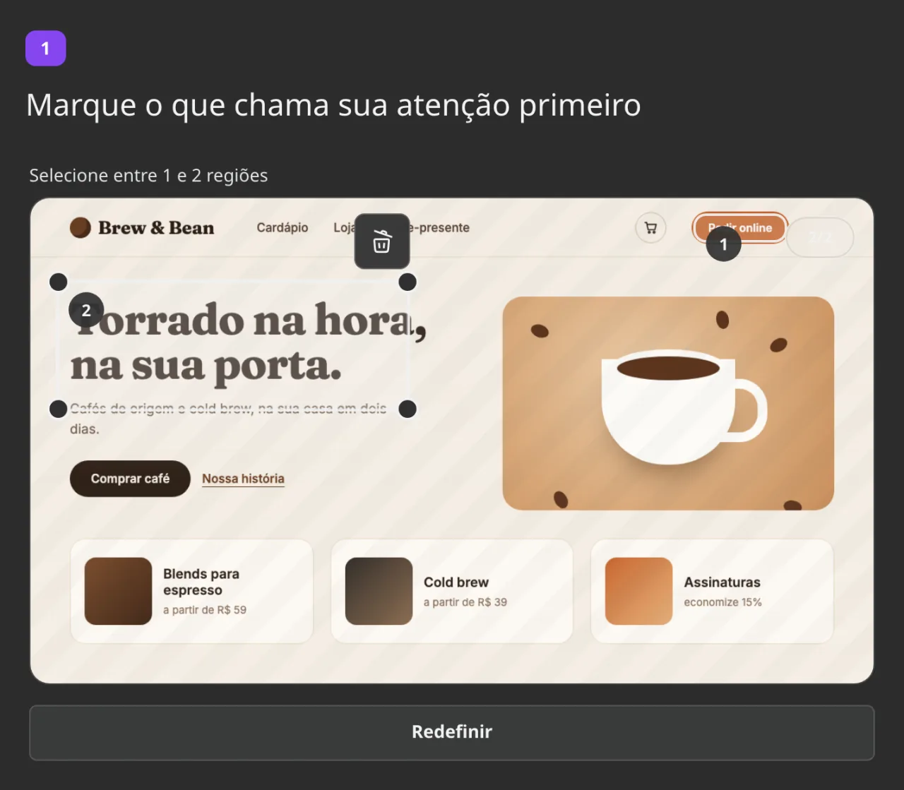 Destaque de área numa pesquisa: duas áreas destacadas na página de uma cafeteria