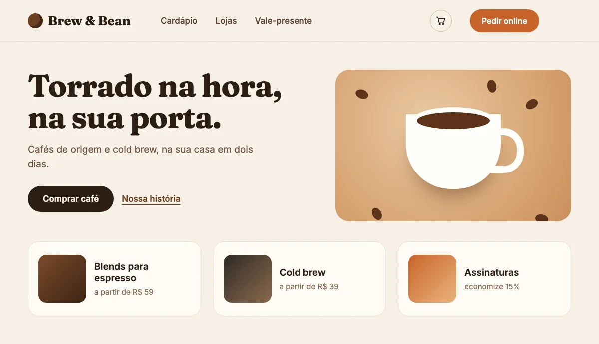 Layout da página inicial de uma cafeteria com cardápio, um botão Pedir online e três cards de produtos