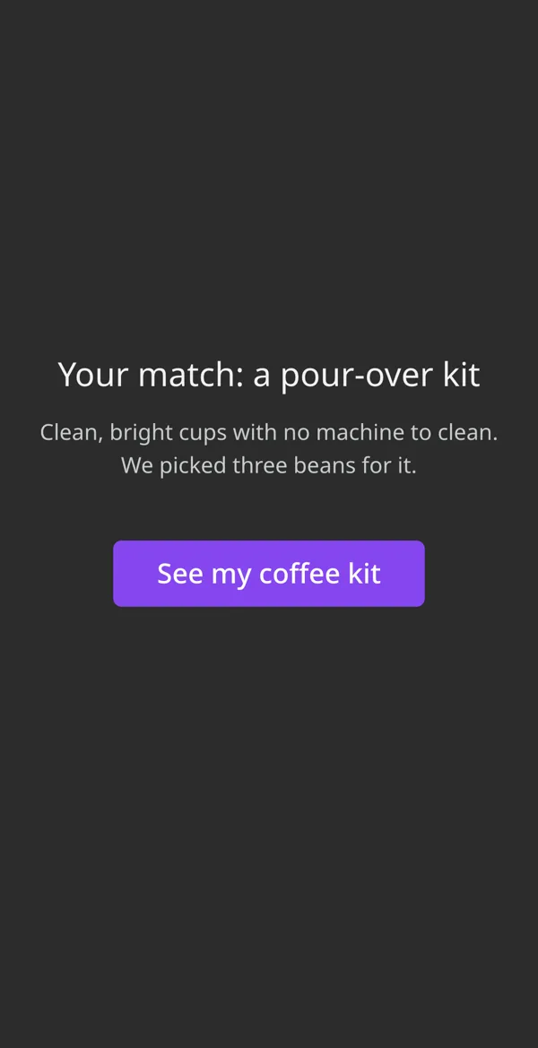 A lead quiz result on a phone: Your match, a pour-over kit, with a See my coffee kit button