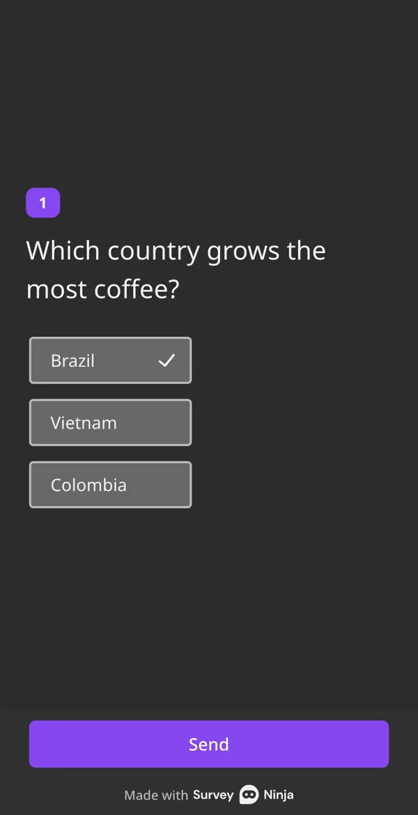A quiz question on a phone: which country grows the most coffee, Brazil picked
