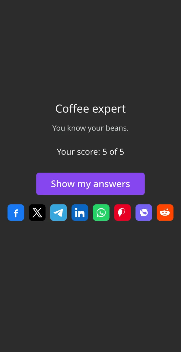The quiz result on a phone: Coffee expert, your score 5 of 5, a Show my answers button and share buttons