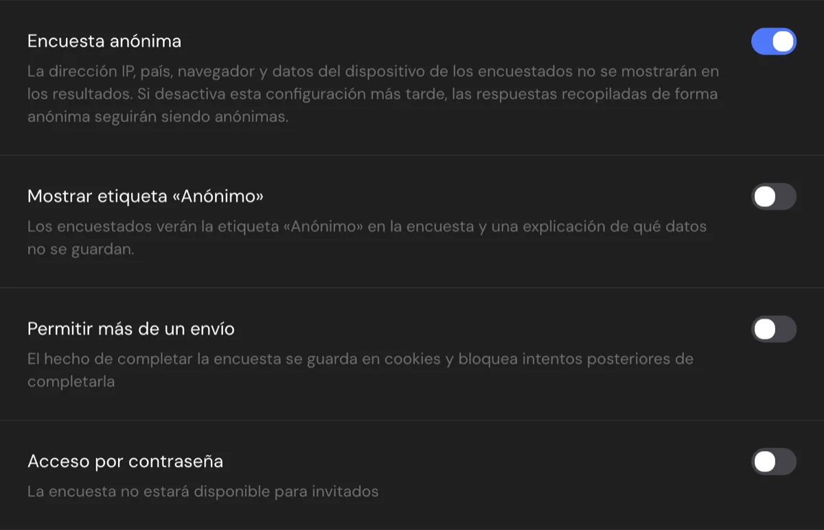 Los ajustes de acceso de la votación: Encuesta anónima activada, permitir responder más de una vez desactivado, acceso con contraseña