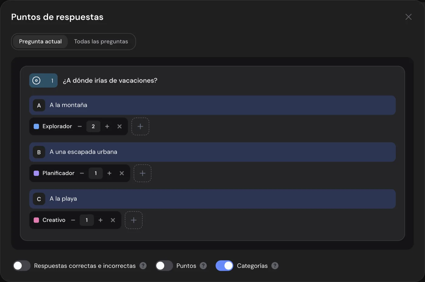 La ventana Puntos de respuestas en modo Categorías: A la montaña suma 2 a Explorador, A una escapada urbana suma 1 a Planificador, A la playa suma 1 a Creativo
