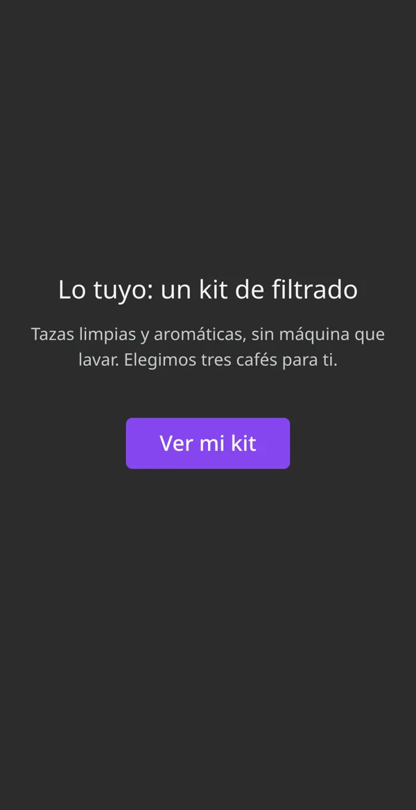 El resultado de un quiz de ventas en un celular: Lo tuyo, un kit de filtrado, con el botón Ver mi kit