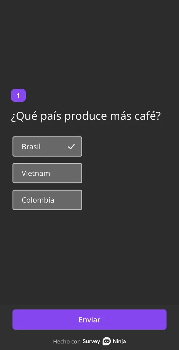 Una pregunta del quiz en un celular: qué país produce más café, con Brasil elegido