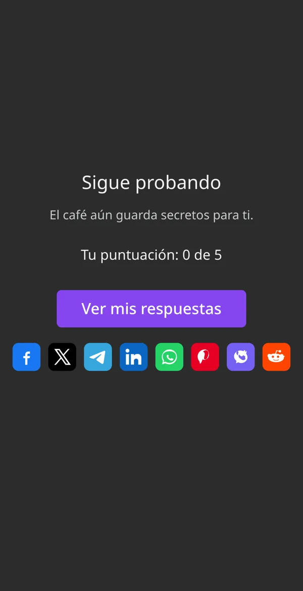 El resultado del quiz con una respuesta incorrecta: Sigue probando, el café aún guarda secretos para ti, tu puntuación 0 de 5