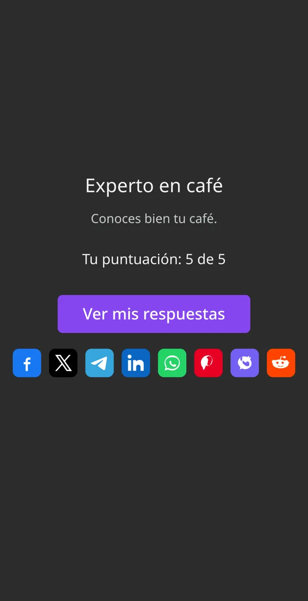 El resultado del quiz en un celular: Experto en café, tu puntuación 5 de 5, el botón Ver mis respuestas y botones para compartir