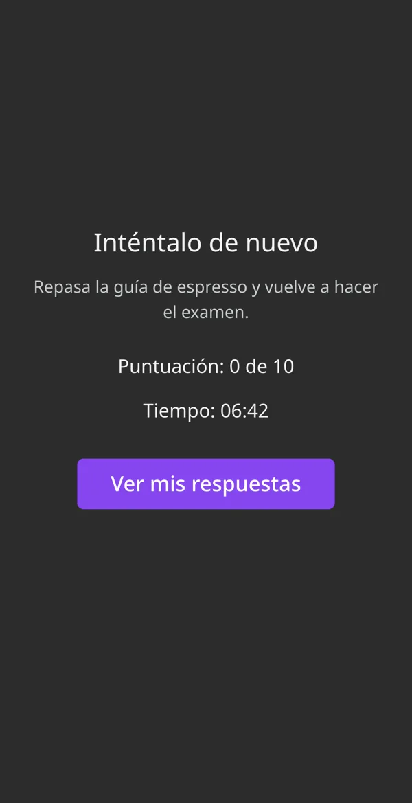 El resultado del examen en un celular: Inténtalo de nuevo, puntuación 0 de 10, tiempo 06:42