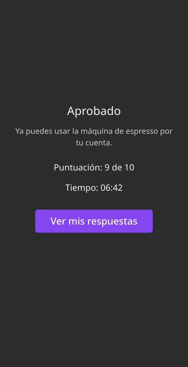 El resultado del examen en un celular: Aprobado, puntuación 9 de 10, tiempo 06:42 y el botón Ver mis respuestas