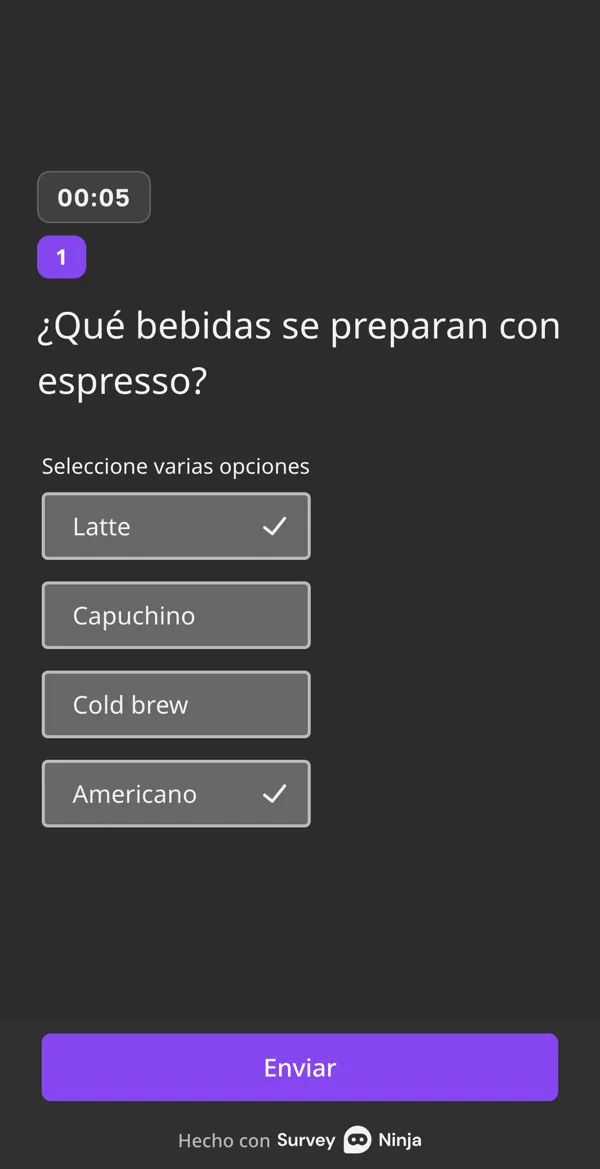 Una pregunta de selección múltiple en un celular con su propio temporizador en 00:05: Latte y Americano elegidos