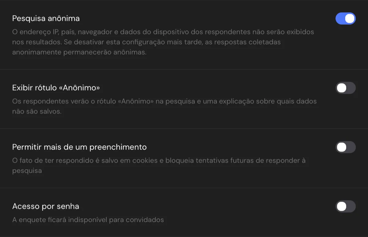 As configurações de acesso da enquete: Pesquisa anônima ligada, Permitir mais de um preenchimento desligado, Acesso por senha