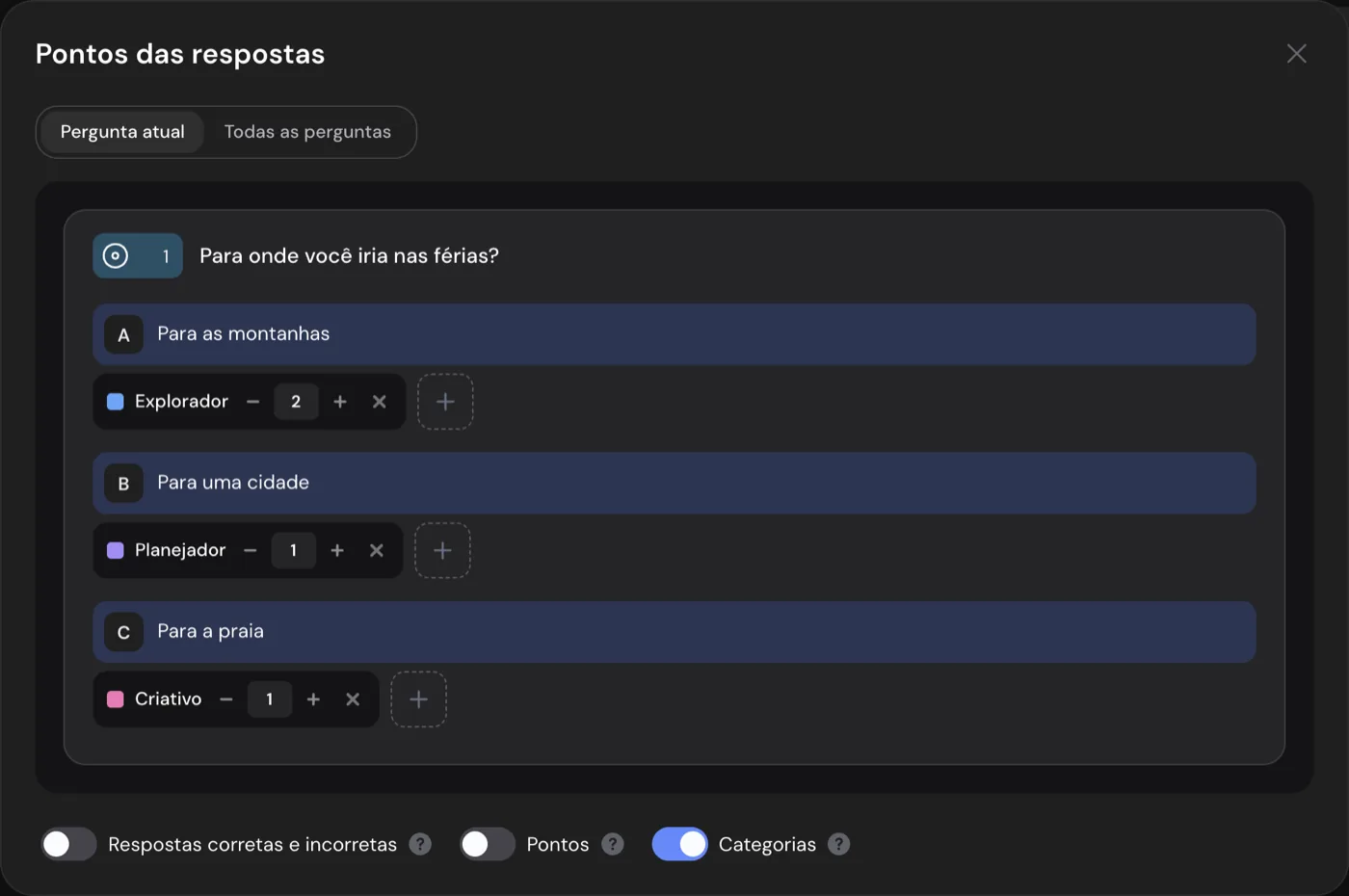 A janela Pontos das respostas no modo Categorias: Para as montanhas soma 2 a Explorador, Para uma cidade soma 1 a Planejador, Para a praia soma 1 a Criativo