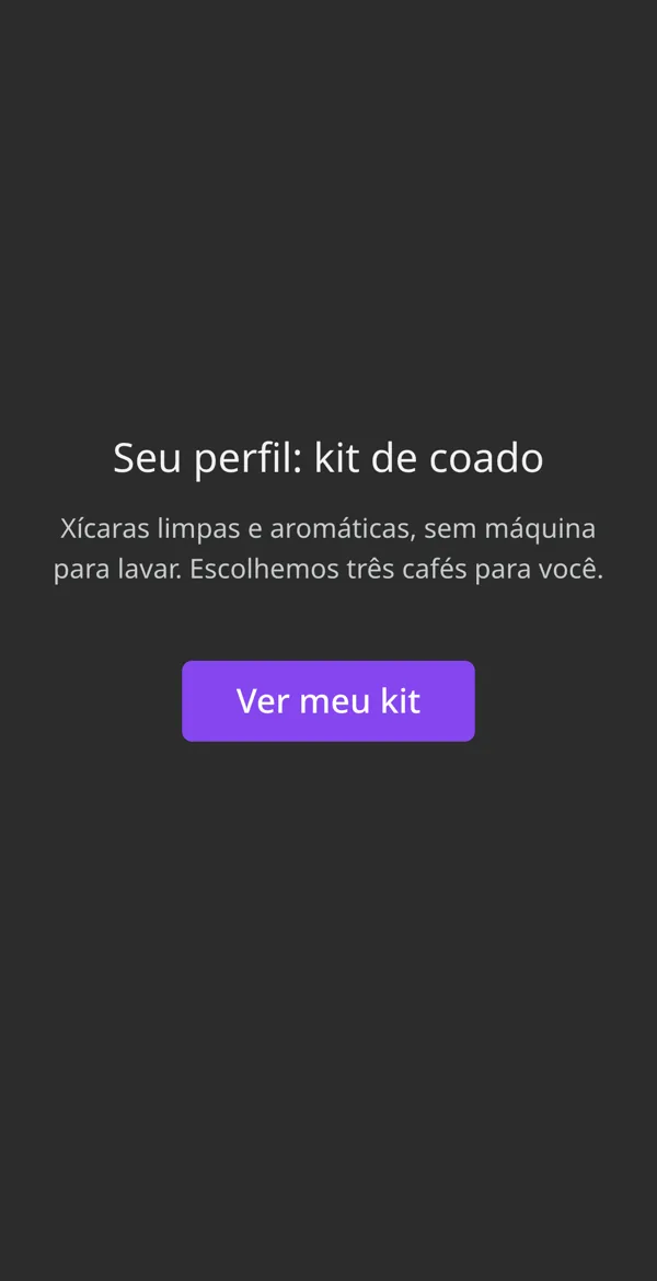 O resultado de um quiz de captação no celular: Seu perfil, kit de coado, com o botão Ver meu kit