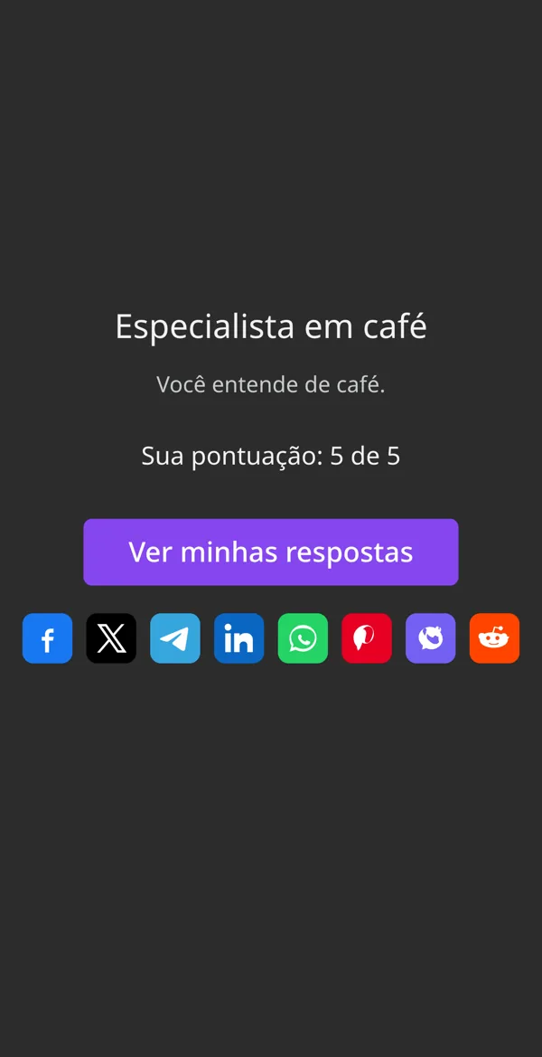 O resultado do quiz no celular: Especialista em café, sua pontuação 5 de 5, o botão Ver minhas respostas e botões de compartilhar