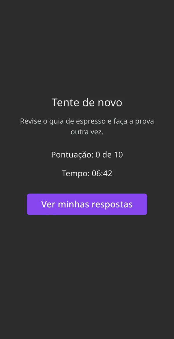 O resultado da prova no celular: Tente de novo, pontuação 0 de 10, tempo 06:42