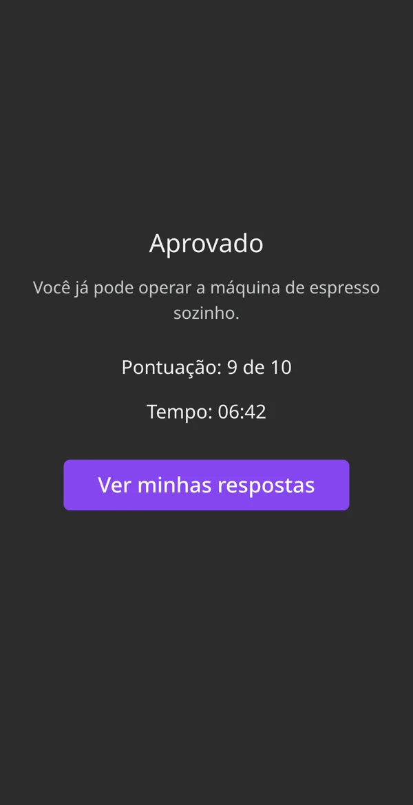 O resultado da prova no celular: Aprovado, pontuação 9 de 10, tempo 06:42 e o botão Ver minhas respostas