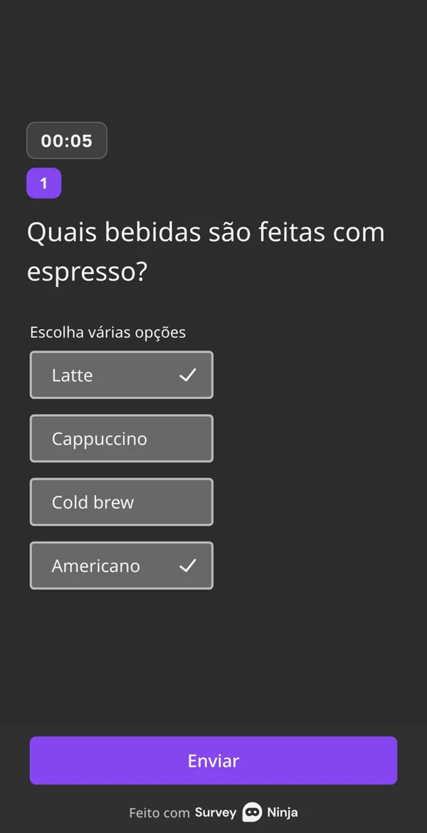 Uma pergunta de múltipla escolha no celular com timer próprio em 00:05: Latte e Americano escolhidos