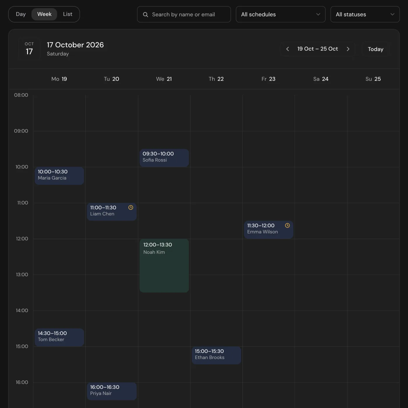 The Log with next week's bookings, their times, schedules and statuses, two of them waiting for confirmation